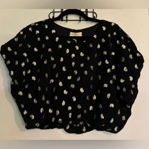NWT By Together Womens Sz S Silk Beehive Cropped Top Black Gold Short Sleeve